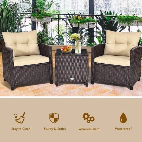 Miniatura 9 de KOTEK Juego de muebles de patio de 3 piezas, juego de conversación al aire libre con cojines lavables y mesa de vidrio templado, juego de bistró