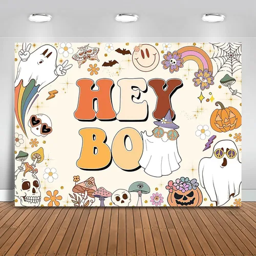 Mocsicka Hey Boo - Telón de fondo Groovy para Halloween, baby shower, decoración de fiesta de bebé, fondo lindo de calabazas de Halloween, baby