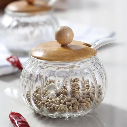 Miniatura 6 de Bodega de sal, recipiente de vidrio de 8 onzas / 8.5 fl oz con tapa de bambú, lindo tarro de condimento de calabaza, recipiente de almacenamiento