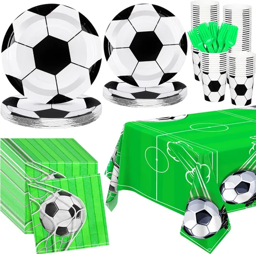 durony El juego de vajilla de 121 piezas para fiesta de fútbol incluye platos de papel reutilizables y servilletas, vasos, mantel, tenedores,