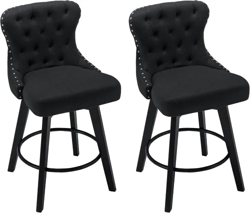 Miniatura 14 de Juego de 2 taburetes de bar giratorios de 360° con botón acolchonados, taburetes de bar tapizados de 26 pulgadas con patas de madera maciza