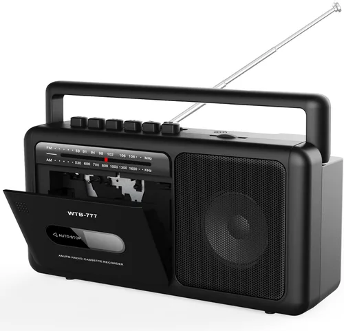 WTB-777 Reproductor de casete portátil Boombox, radio AM/FM estéreo con Bluetooth, USB, grabador, conector para auriculares, alimentación CC/CA,