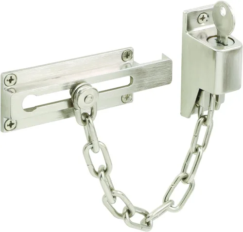 Prime-Line U 11093 - Protector de puerta con cadena con llave, 3-1/4 pulgadas, construcción de acero y fundido, acabado niquelado satinado (paquete