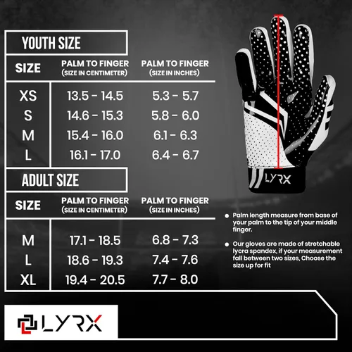 Miniatura 6 de Guantes de receptor de fútbol profesional LYRX con palma de silicona óptima, agarre antideslizante, control ultra adhesivo, deportivo, ligero