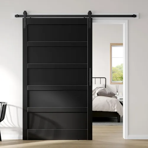 Miniatura 32 de Fredbeck Puerta de granero blanca de 30 x 84 pulgadas con kit de herrajes para puerta corredera de 5.5 pies incluido y asa, sólida, MDF, superficie
