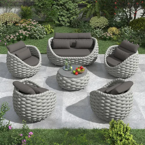 Miniatura 10 de Juego de muebles de patio de cuerda de 4 piezas: conjunto de sofás al aire libre de aluminio acolchado - sofá de conversación moderno ensamblado
