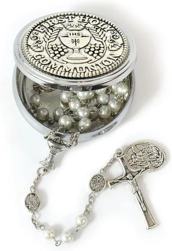 Miniatura 10 de Nazareth Store Collar de rosario de perlas de 0.315 in con medalla de San Miguel y centro de mesa de cáliz Rosarios de la Santa Comunión