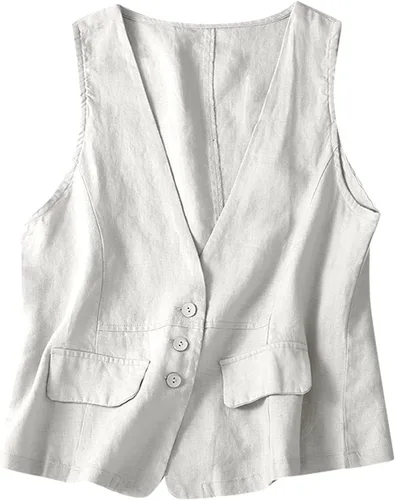 Miniatura 44 de COTECRAM Chaleco de lino de algodón para mujer, casual, sin mangas, con botones, ligero, para verano, holgado, ropa de abrigo
