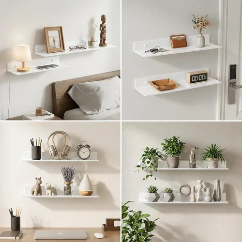 Miniatura 7 de Z metnal Estantes de pared blancos, estante flotante pequeño de esquina para baño, exhibición de decoración de metal delgado, estantes largos