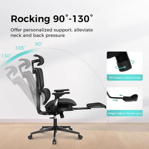 Miniatura 6 de ALPHA HOME Silla de oficina ergonómica con reposapiés, silla de computadora de malla de respaldo alto con soporte lumbar, altura ajustable