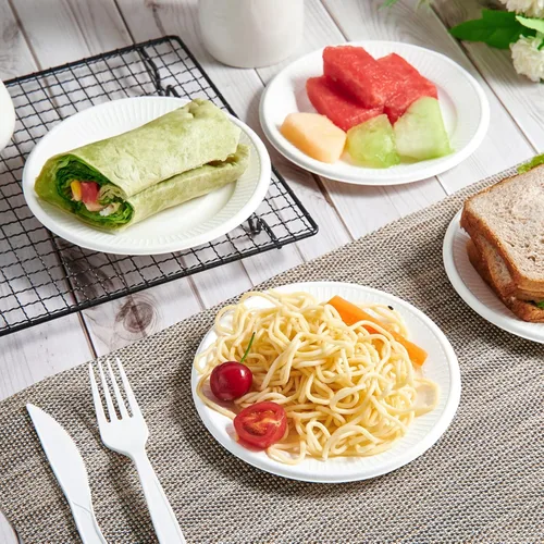 Miniatura 6 de Vplus Platos de papel pequeños 100% compostables, paquete de 300 platos de papel desechables de 6 pulgadas, biodegradables sin recubrimiento, hechos