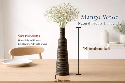 Miniatura 2 de AeraVida Jarrón de madera de mango en forma de botella de 14 pulgadas con rayas horizontales, jarrón alto de madera natural rústica para seda