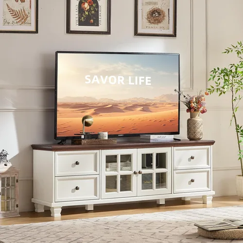 Miniatura 10 de SAVOR LIFE Soporte de TV de granja para sala de estar, centro de entretenimiento verde rústico con armario de almacenamiento, consola de TV