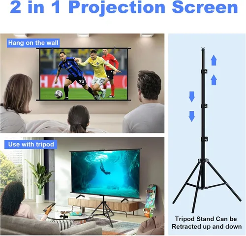 Miniatura 5 de Pantalla de proyector con soporte de 100 pulgadas, pantalla de proyección para interiores y exteriores con respaldo negro, pantalla de trípode 16:9