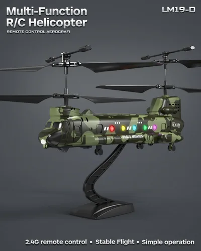 Miniatura 6 de Helicóptero de control remoto Chinook del ejército, helicóptero RC de transporte militar LM19-D, retención de altitud, despegue y aterrizaje con una