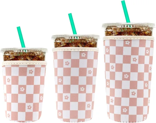 Miniatura 17 de YR Funda aislante de neopreno reutilizable para tazas de café helado, paquete de 3 fundas para bebidas heladas y calientes, enfriador de bebidas