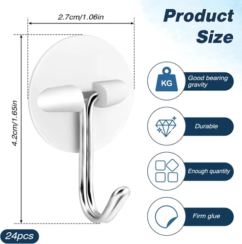 Miniatura 2 de 24 ganchos redondos de plástico, pequeños ganchos autoadhesivos para colgar, blanco, impermeable y a prueba de aceite para utensilios de cocina