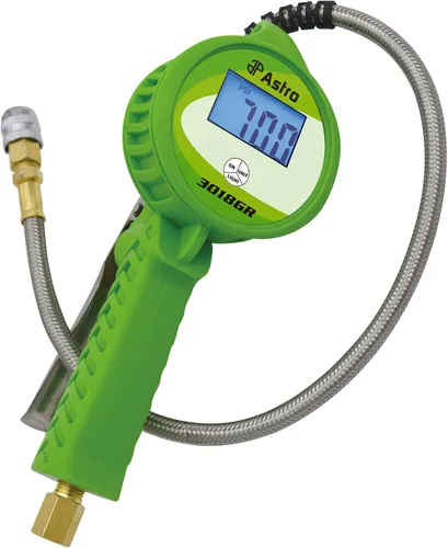 Astro Tools 3018GR - Inflador digital de neumáticos con manguera de acero inoxidable y mandril acoplador de bloqueo a presión, color verde