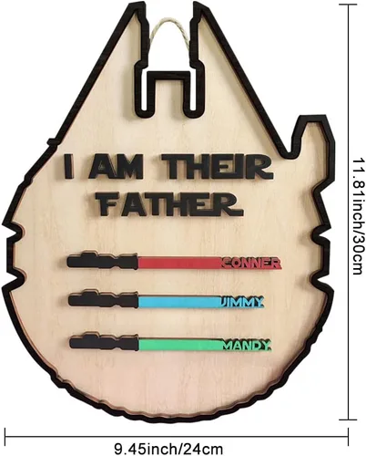 Miniatura 4 de Letreros de madera personalizados con nombres y sables de colores personalizados con texto en inglés "I AM THEIR THEIR Father", grabado con nombre