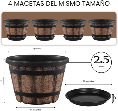 Miniatura 2 de Juego de Macetas Quarut de 4 Piezas de 12 Pulgadas, Paquete de Grandes Macetas de Barril de Whiskey con Agujeros de Drenaje y Platillo. Macetas