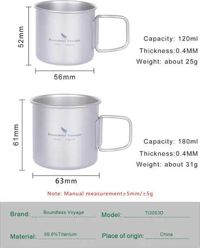 Miniatura 2 de Boundless Voyage Titanio Camping Taza Taza Fuego Abierto Ultraligero Camping Picnic Agua Vino Café Taza 4.1 fl oz y 6.1 fl oz Teacups Sin Tapa