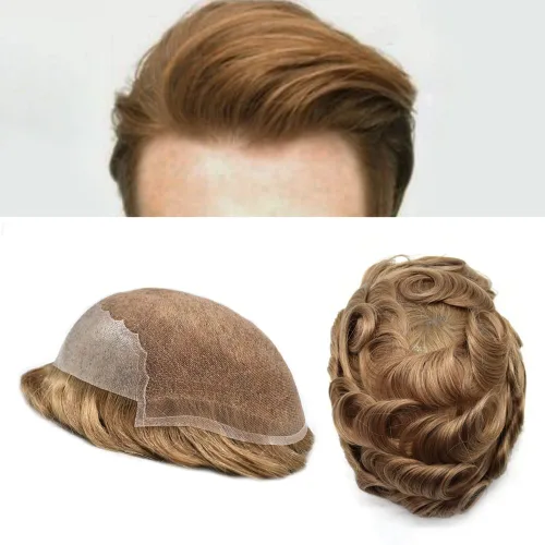 Miniatura 34 de Tupé para hombres 100% europeos unidades de cabello humano francés sistema de cabello de encaje con nudos blanqueados, línea capilar natural para #5