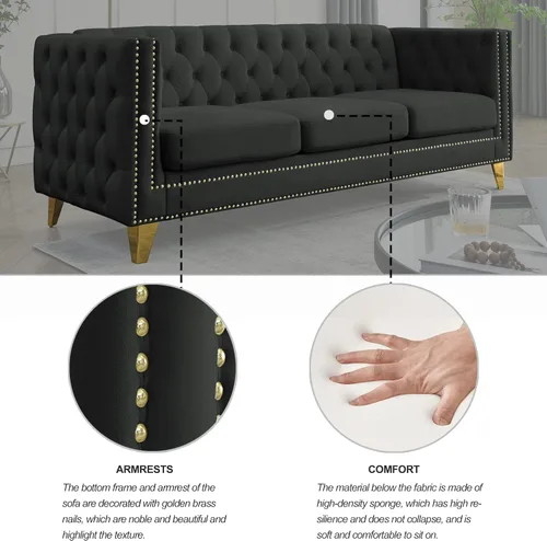 Miniatura 5 de Sofá moderno Chesterfield de terciopelo de 58 pulgadas, respaldos tapizados con brazos de cabeza de clavo, sofá biplaza para sala de estar