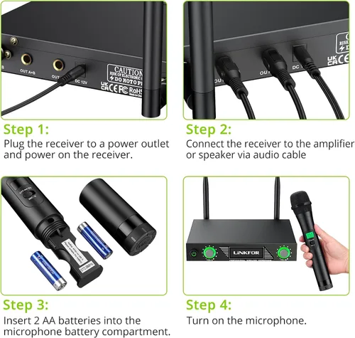 Miniatura 2 de LiNKFOR Micrófono inalámbrico, sistema de micrófono de karaoke inalámbrico UHF, micrófono inalámbrico dual profesional de 196 pies, rango