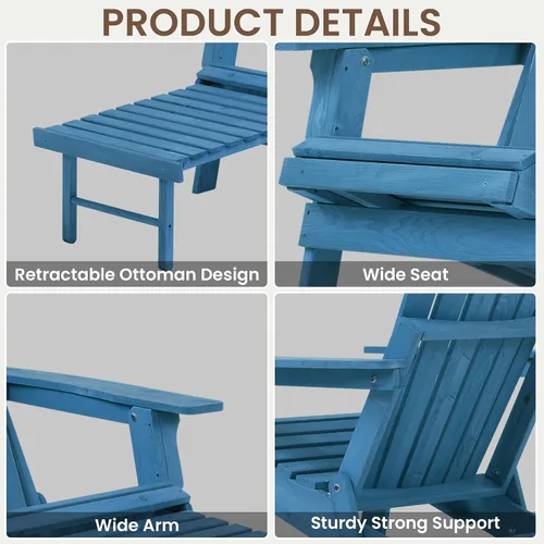 Miniatura 5 de Silla Adirondack plegable de gran tamaño con otomana retráctil, silla de madera maciza para exteriores, patio, jardín, porche, resistente a