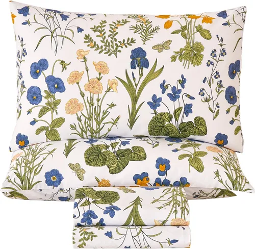 Miniatura 23 de Juego de sábanas de cama floral azul 100% algodón percal tamaño King, diseño vintage chic shabby, con patrón de peonía, ropa de cama suave y Monet