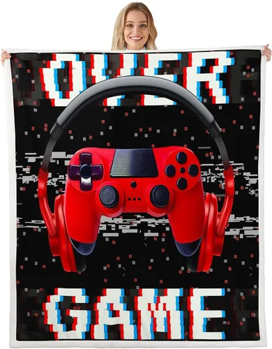 Miniatura 15 de Erosebridal Manta de cama para niños con estampado de consola de videojuegos moderna, manta de felpa suave con botones de acción rosa y azul, manta