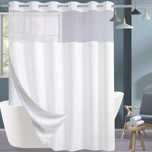 Miniatura 8 de Conbo Mio Cortina de ducha sin gancho con forro a presión, cortinas de baño de tela blanca de lujo para hotel con ventana superior transparente