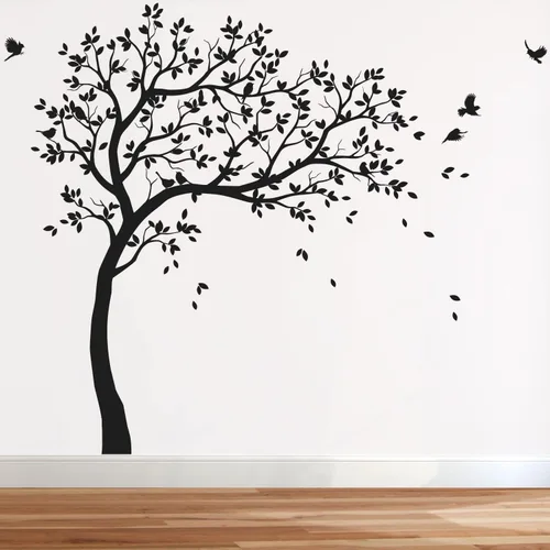 Miniatura 6 de Calcomanías de pared para árbol grande, calcomanías de árbol inclinado con pájaros, mural de vinilo decorativo KW032