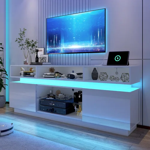 Miniatura 17 de chartustriable Soporte de TV LED para TV de 80 pulgadas, centro de entretenimiento alto moderno con tomas de corriente, soporte de TV de alto