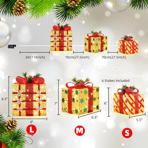 Miniatura 5 de LAMPHOME Cajas iluminadas de Navidad, juego de 3 70 luces LED para decoración al aire libre, cajas de Navidad iluminadas, decoración de regalo