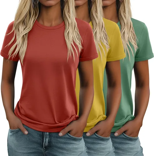 Miniatura 8 de Huukeay Paquete de 3 camisetas de algodón para mujer, estilo casual, de manga corta, cuello redondo, ajuste holgado, básica, lisa
