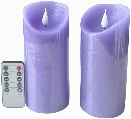 adoria Juego de 2 velas grandes sin llama moradas, velas de pilar de cera real con aroma a lavanda realista, diámetro de 3.15 x 7 pulgadas, control