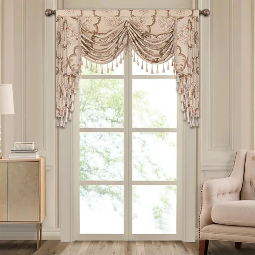 Miniatura 13 de Loom and Mill Cenefa de cascada de lujo de jacquard para sala de estar, elegantes cenefas de ventana con festones y cuentas damascadas, cortinas