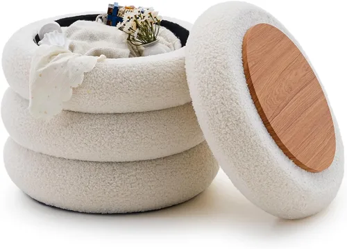 Miniatura 7 de Wimarsbon Otomana redonda de almacenamiento, moderno reposapiés de sherpa, taburete de tocador de peluche con bandeja abatible, silla de maquillaje