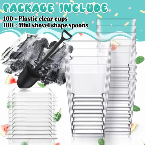 Miniatura 3 de Cunhill 100 tazas cuadradas de postre con 100 cucharas de postre en forma de pala, tazas de plástico transparente para aperitivos con tapas, mini