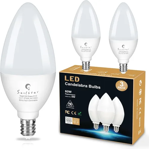 Bombillas LED E12 de Sailstar, equivalentes a 60 W, 500 lúmenes, bombillas de luz para ventilador de techo, blanco suave 2700 K, tipo B, bombilla de