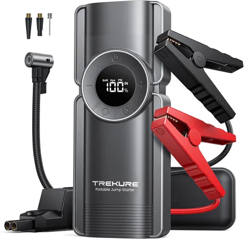 TREKURE Arrancador de Coche Portátil con Compresor de Aire, Paquete de Batería de Arranque de Coche 150PSI 5000A (9L Gasolina/8L Diésel), Arrancador