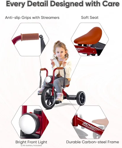 Miniatura 3 de RIDYEE Triciclo para niños pequeños de 2 a 5 años, triciclo para 3 años con luz delantera, rueda delantera de goma, manillar suave con serpentinas