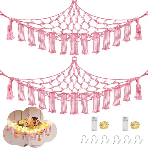 Miniatura 12 de CERETIA Hamaca de animales de peluche con luz LED, red grande de almacenamiento en esquina de animales de peluche para decoración de habitación