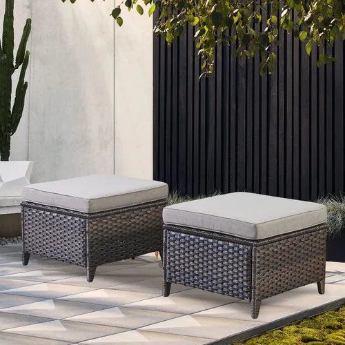 Miniatura 2 de Belord Juego de 2 taburetes otomanos de mimbre de ratán para todo tipo de clima, con cojines suaves para muebles de patio Cojín de mimbre marrón/gris