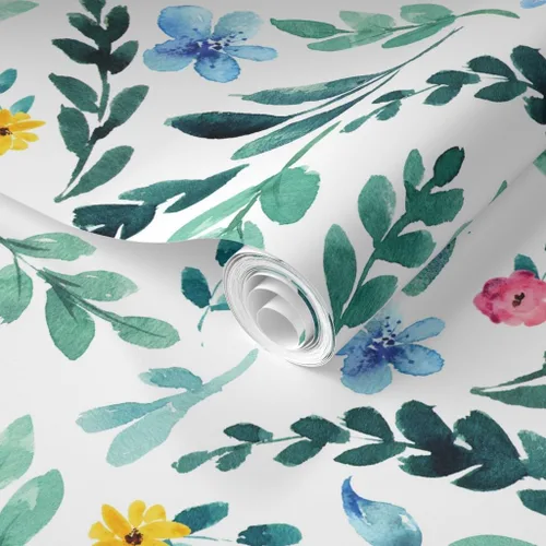 Miniatura 2 de Spoonflower Muestra de papel tapiz extraíble - Flor jardín acuarela florece azul amarillo rosa delicado botánico personalizado pre-pegado papel