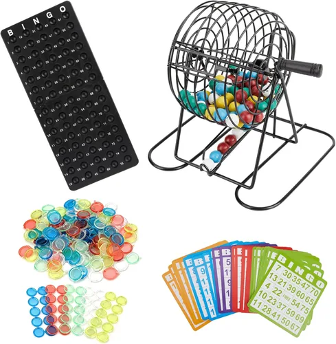 Juego de bingo, incluye jaula de rueda de bingo, 75 bolas de bingo de colores, 50 tarjetas de bingo, 300 fichas de bingo coloridas, tablero maestro,