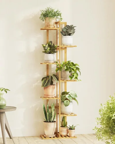Miniatura 13 de Bamworld Soporte de bambú para plantas de interior con 6 niveles, estante de plantas de exterior, soporte de esquina para múltiples plantas, soporte