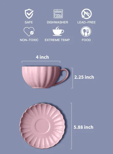 Miniatura 3 de Tazas y platillos de té real, con ribete dorado y caja de regalo, tazas de café británicas, juego de té de porcelana, juego de 6 (8 onzas) - Rosa