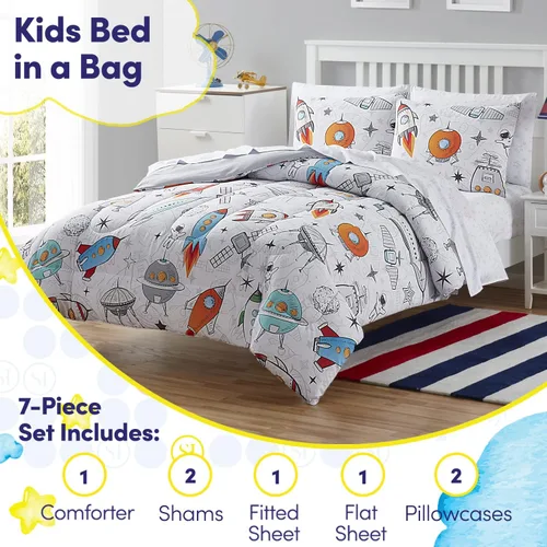 Miniatura 2 de Juego de ropa de cama para niños en una bolsa para niños y niñas, con juego de sábanas impresas y edredón, tamaño completo, flotando en el espacio